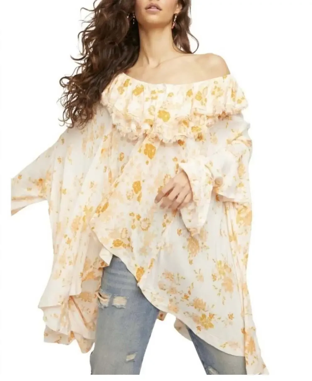 Free People Loretta Printed Oversized Ruffle Bell Sleeve Tunic Top in Tea Combo